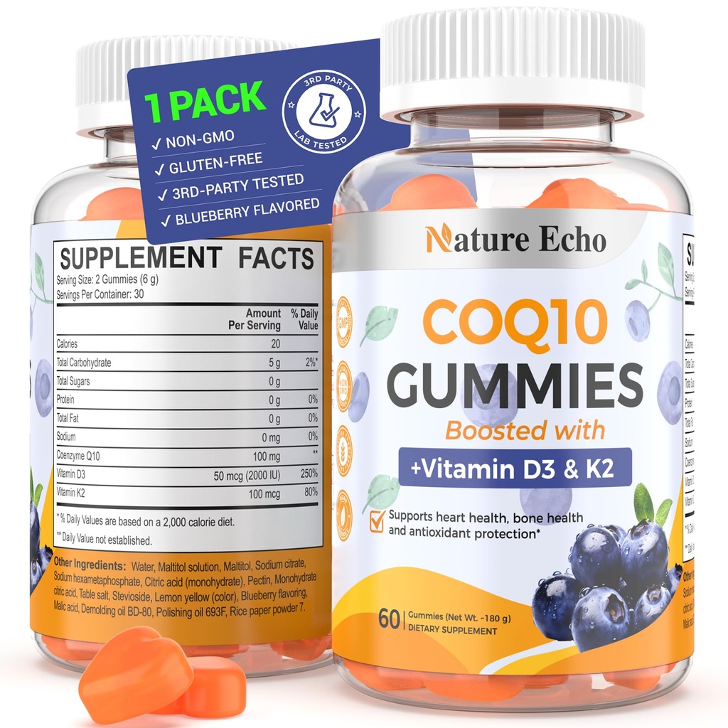 Nature Echo® CoQ10 Gummies 100mg, CoQ10-Ergänzung mit Vitamin D3 & K2, Coenzym Q10-Ergänzung Blueberry Flavor, Sugar Free, Heart Health, Bone Support & Antioxidant, Vegan, Non-GMO 60 Gummis