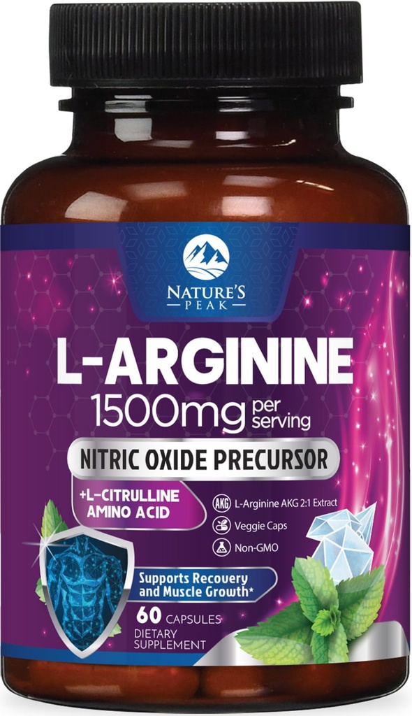 L-Arginine Complex - Extra Strength Nitric Oxid Booster Supplement - Premium Energy Blend for Natural Heart Health & Muscle Support - Non-GMO, Made for Men & Women, Bottled USA - 60 Kapseln