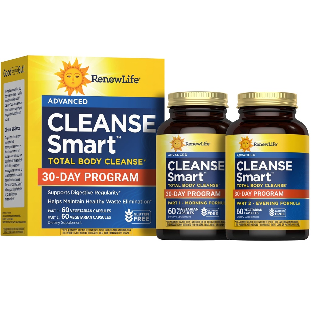 Renouveler Life Cleanse Smart Advanced Total Body Program, 2-Part Detox Cleanse favorise la régularité digestive et soutient l'élimination des déchets, mélange à base de plantes avec du magnésium, du soja et sans gluten, 120 Comte