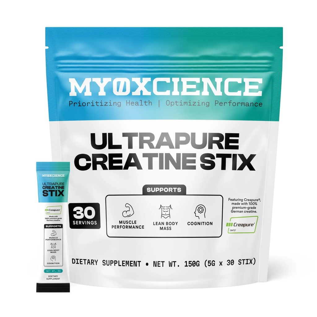 MYOXCIENCE Creapure® Creatine Stix: 5 Grams of German Creatine Monohydrate Par Stick Pack: soutient la performance musculaire, la masse corporelle maigre et la cognition: 30 Stix à usage unique