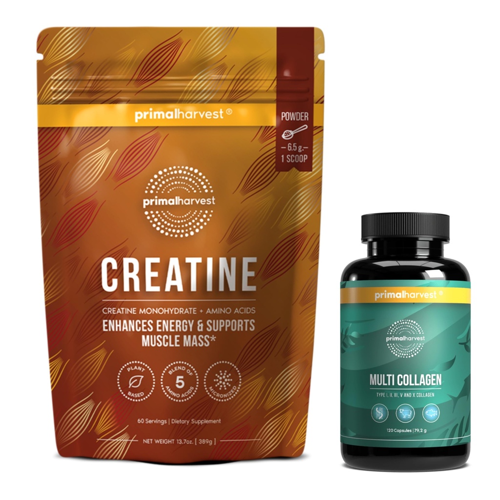 Primal Creatine Powder + Primal Multi Collagen Capsules Bundle (en anglais seulement) 2-Pack (en anglais seulement) Soutenir la force, la récupération, la santé des articulations et de la peau (en anglais seulement) 30 portions