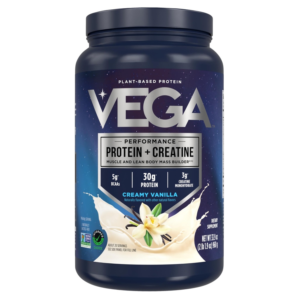 Vega Protein + Kreatin - 30g Pflanzenbasiertes Protein, Vanille, 20 Portionen, 3g Kreatin, 5g BCAAs, Vegan, Keto, Glutenfrei, Dairy Free, Low Carb, für Muskelwachstum & Repair, Drink Mix, 33.9oz