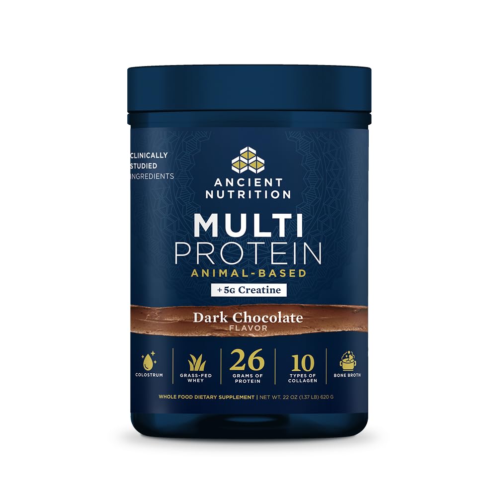 Antike Ernährung Multi Protein Tierbasiertes Pulver + Kreatin, 26g Protein, Gras Fed Whey, Bone Broth, Collagen Peptides, 5g Kreatin Monohydrate, Colostrum & Probiotics, Dark Chocolate, 15 Portionen