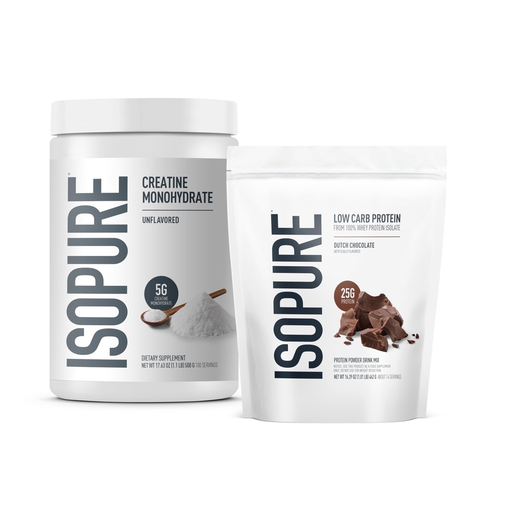 Ensemble isopure de poudre de protéines Isolée 100 % de lactosérum, chocolat hollandais, 25g de protéines par portion, 1 Lb, 15 portions + Isopure 100% poudre monohydratée de la créatine pure, 100 portions