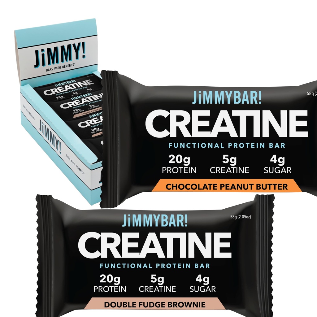(NEW) JiMMYBAR! Creatine Protein Bar - 5g Creatine Monohydrate + 20g Protein - High Protein Snack - Unterstützt Muskelwachstum, Stärke und Erholung - Real Food Energy Bar für Athleten | 6 Schokoladen-Peanut Butter + 6 Fudge Brownie Variety Pack (12 Bars)