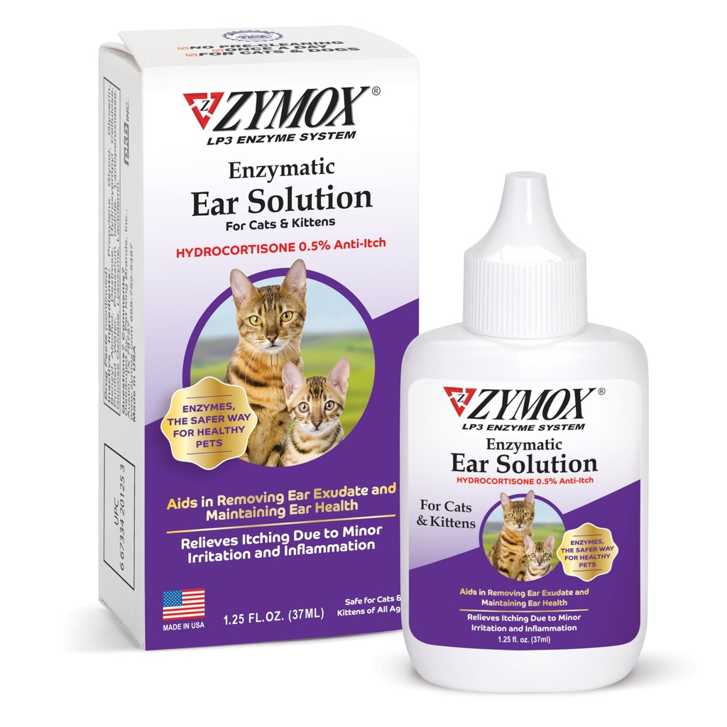Solution d'oreille enzymatique Zymox avec 0,5 % d'hydrocortisone pour chats et chatons, 1,25 oz. – Nettoie et rafraîchit le canal d'oreille pour le soulagement de la cire, de l'accumulation de dirt, de l'irritation, de l'inflammation et de la rougeur