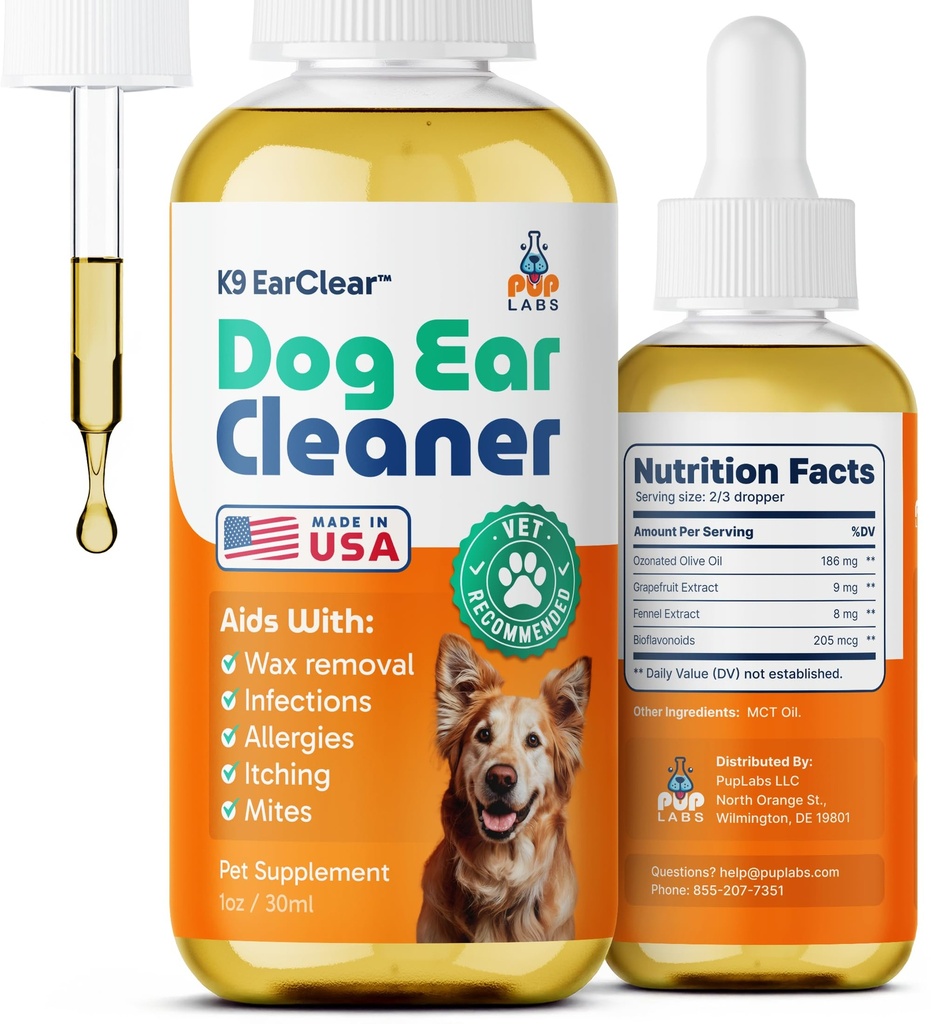 Pup Labs Ohr Klare, natürliche Hund Ohr Reiniger und Infektion Behandlung für Hunde, Hundetropfen für Juckreiz, Irritation, & Wachs-Up, 1 Unze Flasche mit Tropf