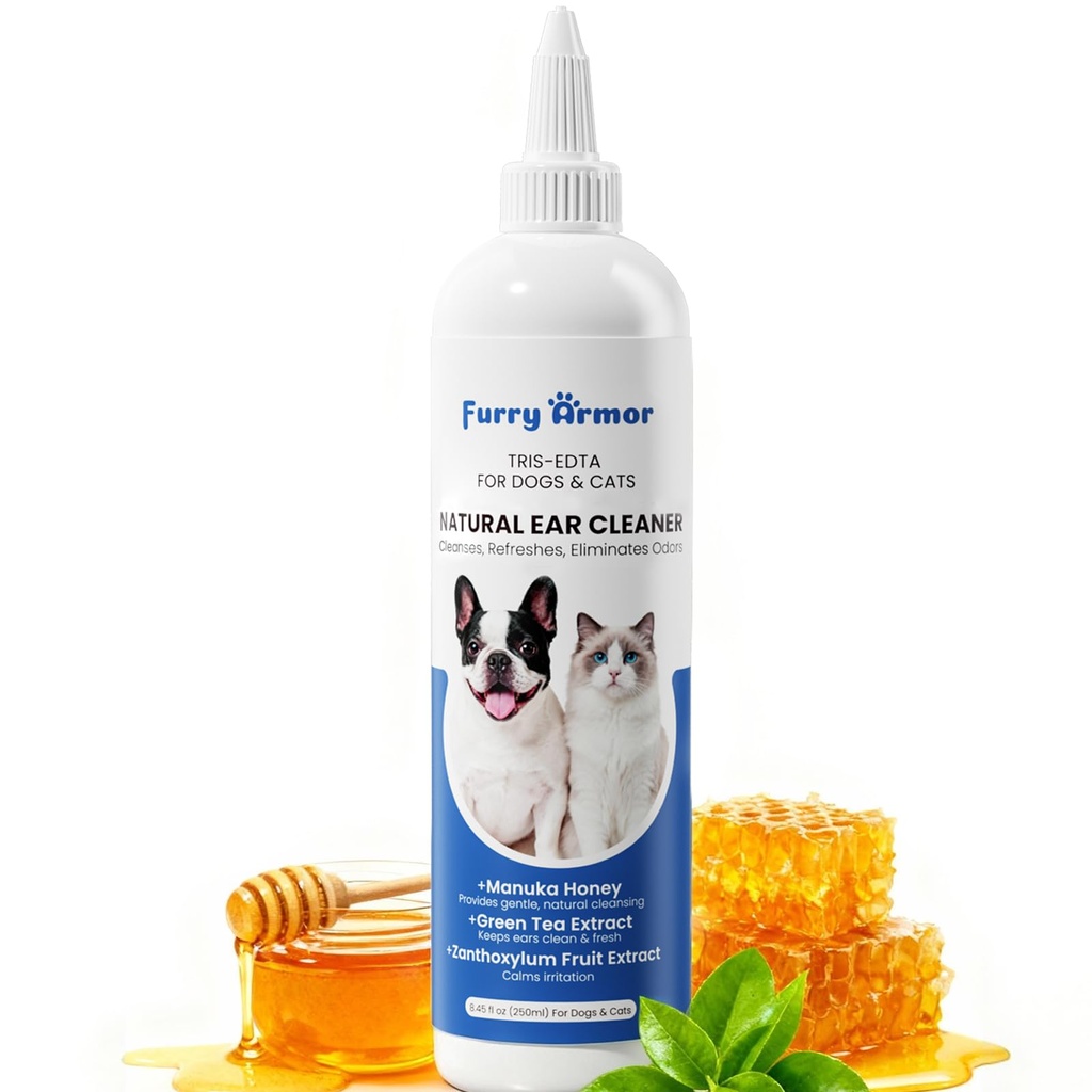 Nettoyeur d'oreilles pour chiens et chats avec du miel et du thé vert Manuka - triple lavage botanique pour la prévention des infections et des levures, PH équilibré sans piqûre 8,45 oz