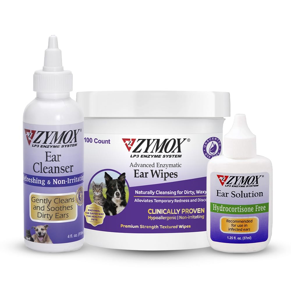 Zymox Enzymatic Ear Wipes, Ear Cleanser, & Ear Solution Sans Hydrocortisone pour les chiens et les chats - Ensemble de produits - pour les oreilles dirty, Waxy, Smelly et pour soulager les infections de l'oreille