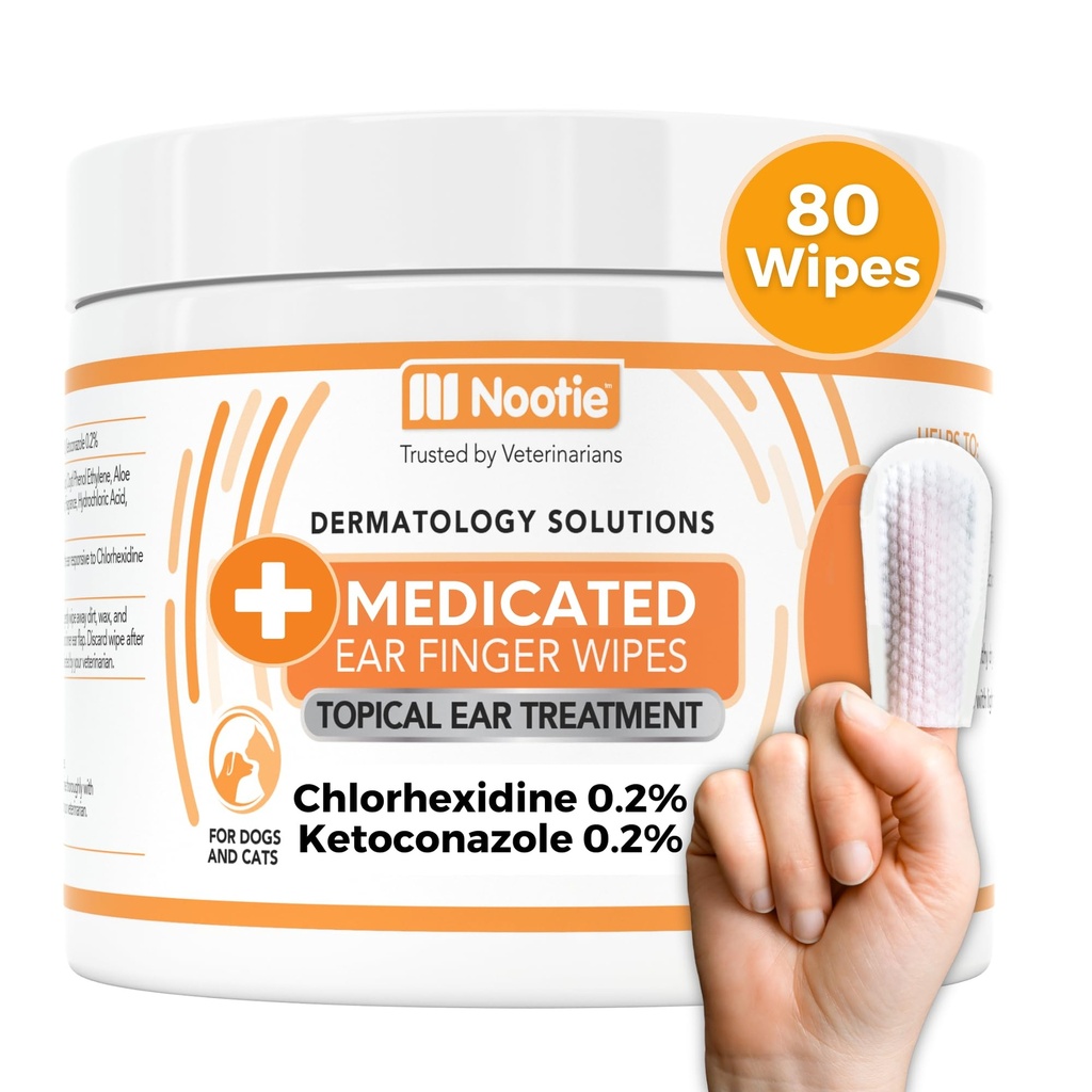 Nootie Wipes de doigts d'oreille médicamentées avec Chlorhexidine pour chiens, Wipes de nettoyage d'oreilles de chien doux pour démangeaisons, oreilles sensibles - aide à supprimer les cires, le build de dirt et les Wipes Odor 80 - Fabriqué aux États-Unis