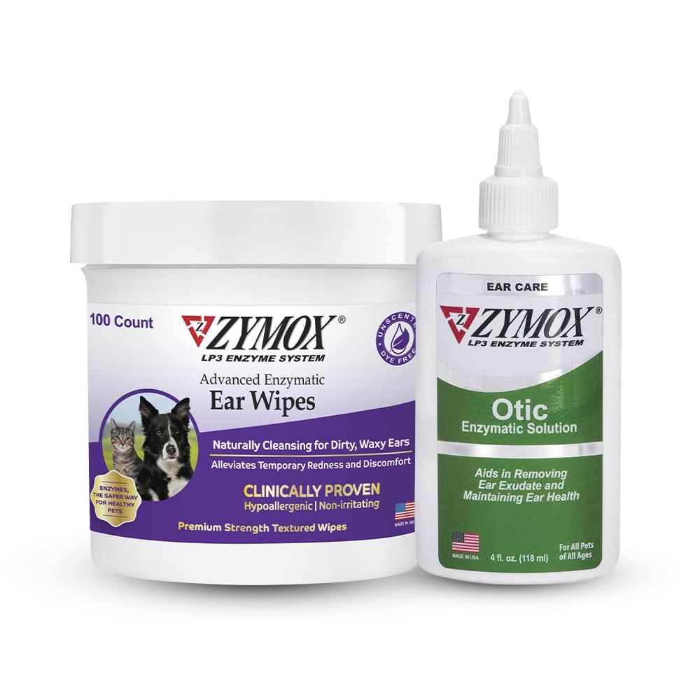 PET KING BRANDS ZYMOX Wipes enzymatiques d'oreille et solution otique Hydrocortisone Free pour les chiens et les chats - Ensemble de produits - pour les oreilles dirty, Waxy, Smelly et Soothe Infections, 100 Wipes de comptage et bouteille de 4oz