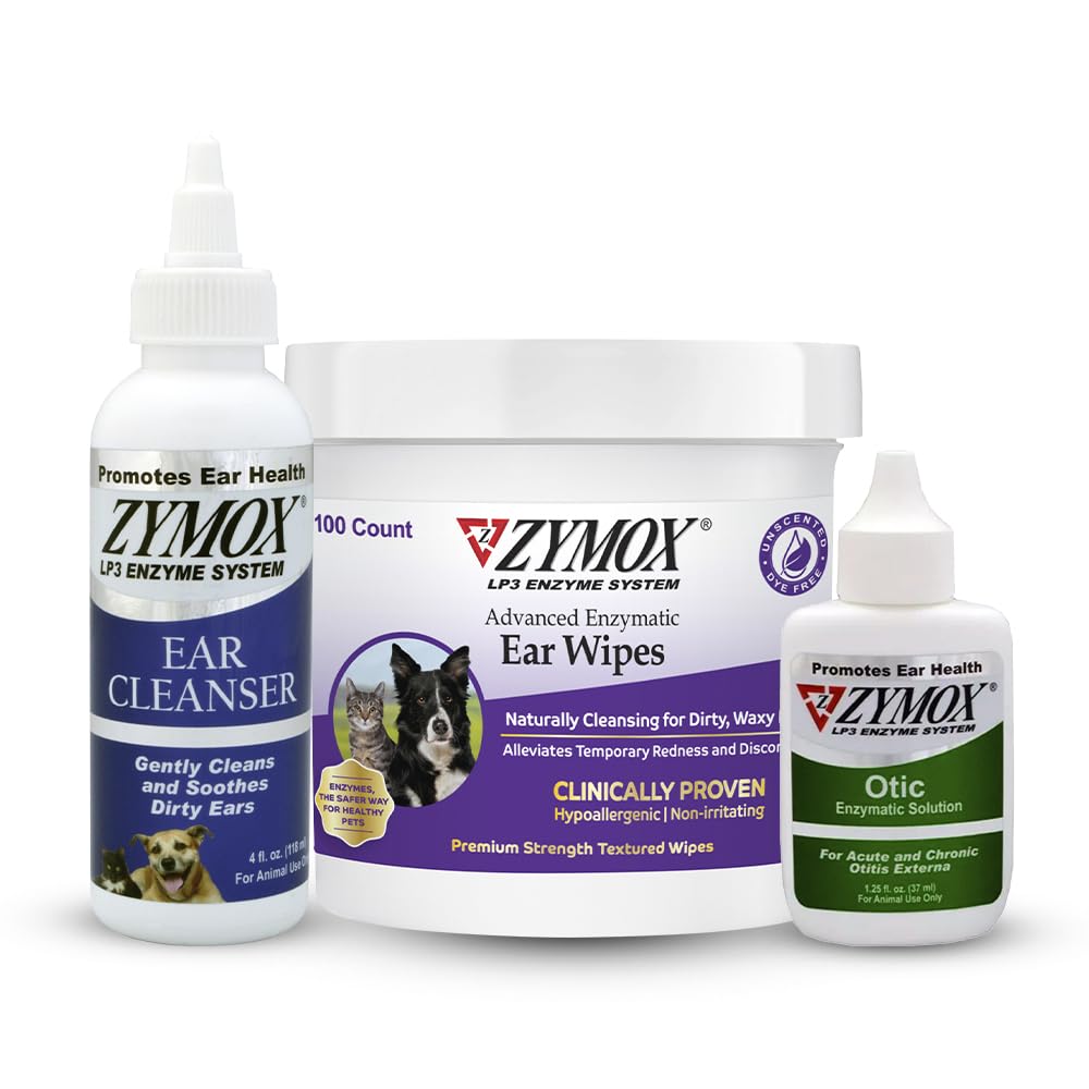 PET KING BRANDS ZYMOX Enzymatic Ear Wipes, Ear Cleanser, & Otic Ear Solution pour chiens et chats - Ensemble de produits - pour les oreilles dirty, Waxy, Smelly et Soothe Ear Infections, 100 ct, 4 oz et 1,25 oz