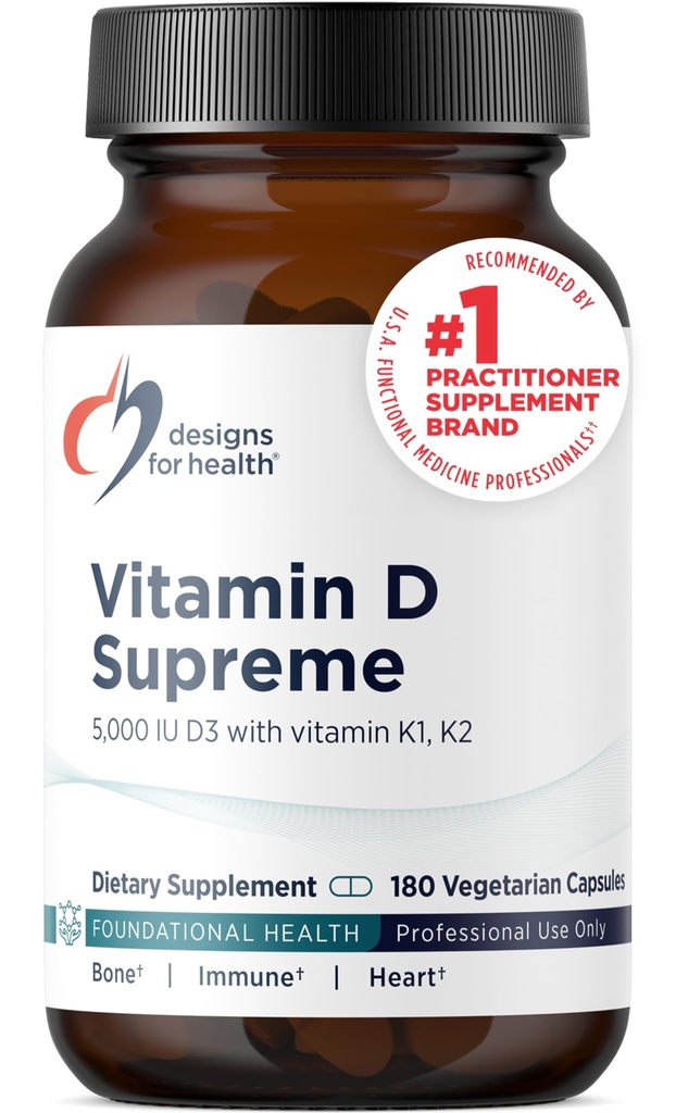 Designs für Gesundheit Vitamin D Supreme - Vitamin D 5000 IU mit 2000mcg Vitamin K als MK4 für Knochengesundheit, Herzgesundheit, Stimmung & Immununterstützung - Vitamin D3 Enhanced with GG Supplement (180 Kapseln)