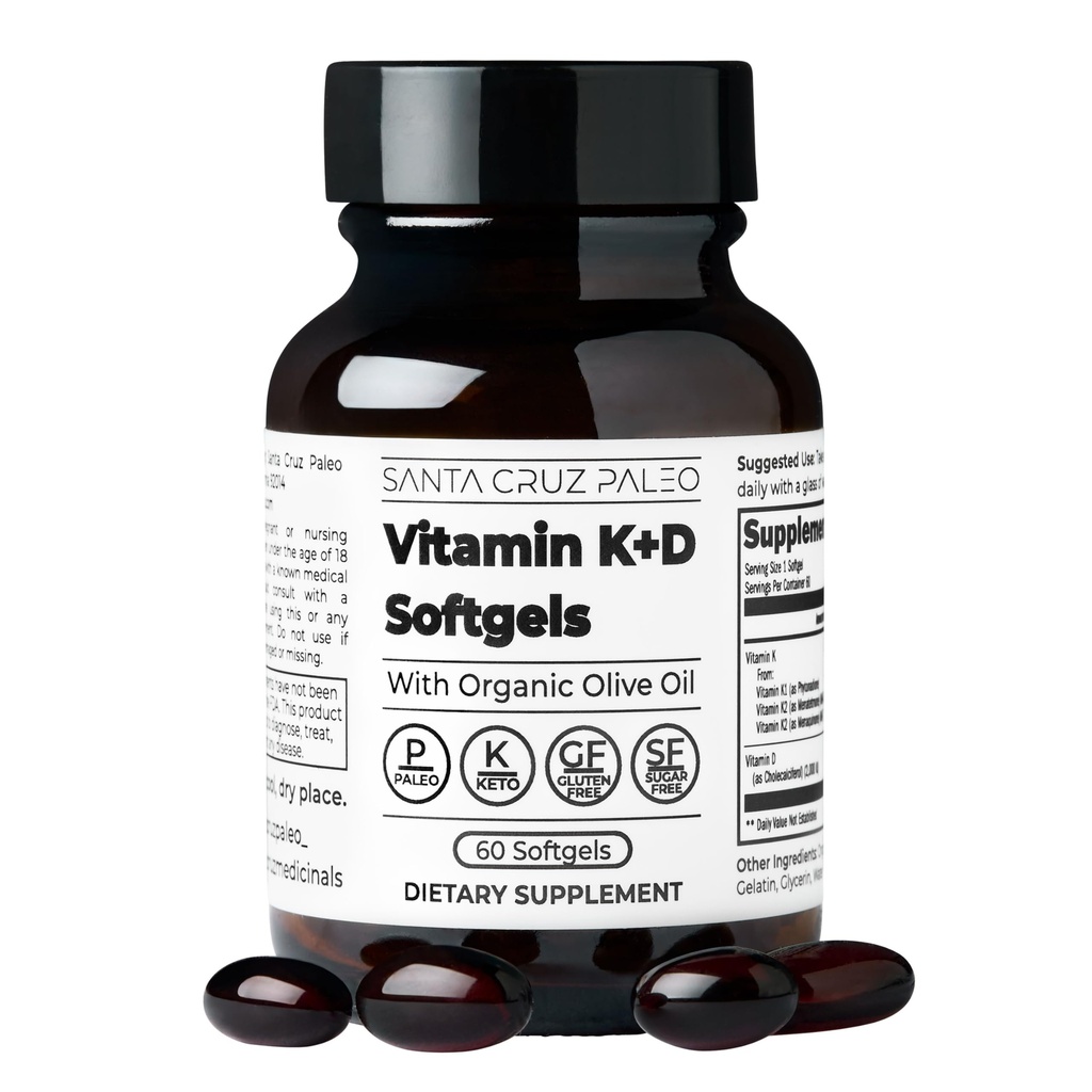 Santa Cruz Paleo Vitamin K2 + D3 Softgels, Tägliche Ergänzung mit Bio-Olivenöl, Inklusive Vitamin K1 & zwei Formen von K2, Unterstützt Herz & Knochen Gesundheit, Glutenfrei, Zuckerfrei, Paleo, Keto, 60 Zähler