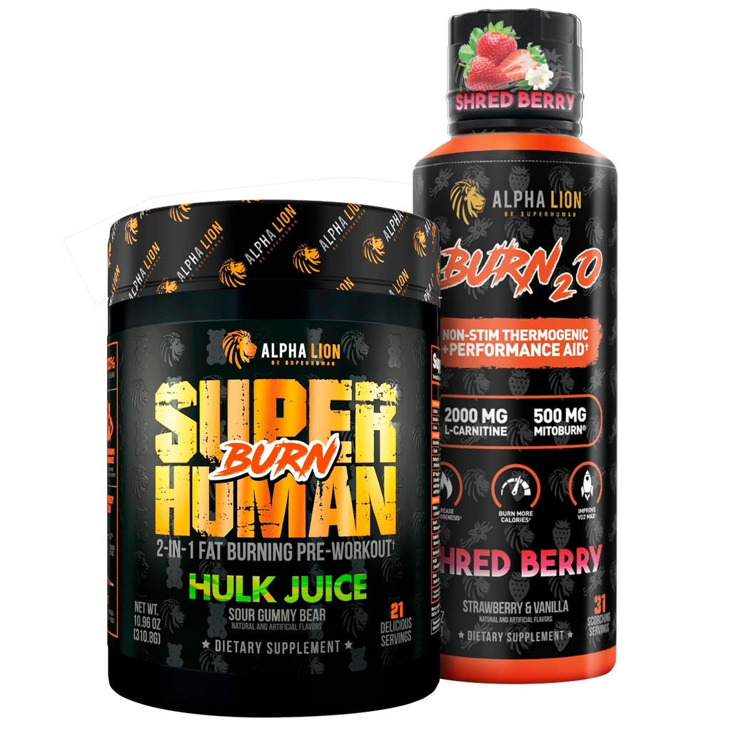 ALPHA LION Stubborn Fat Loss Stack – Superhuman Burn Pre Workout + Burn2O Liquid L-Carnitine 2000mg (ShredBerry) – 2-in-1 Thermogenic Fat Burning Stack für Männer und Frauen
