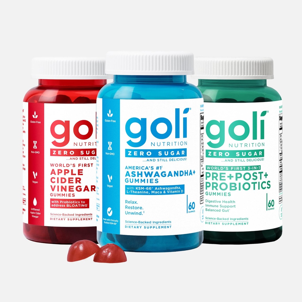 Goli Zero Sugar Trio - Premier 3-en-1 avant, post, probiotique, vinaigre de cidre de pomme avec vitamine B12 et probiotiques, Ashwagandha et L-Theanine, Gummées de vitamine D, 90 Compte (3-Bottle Set)