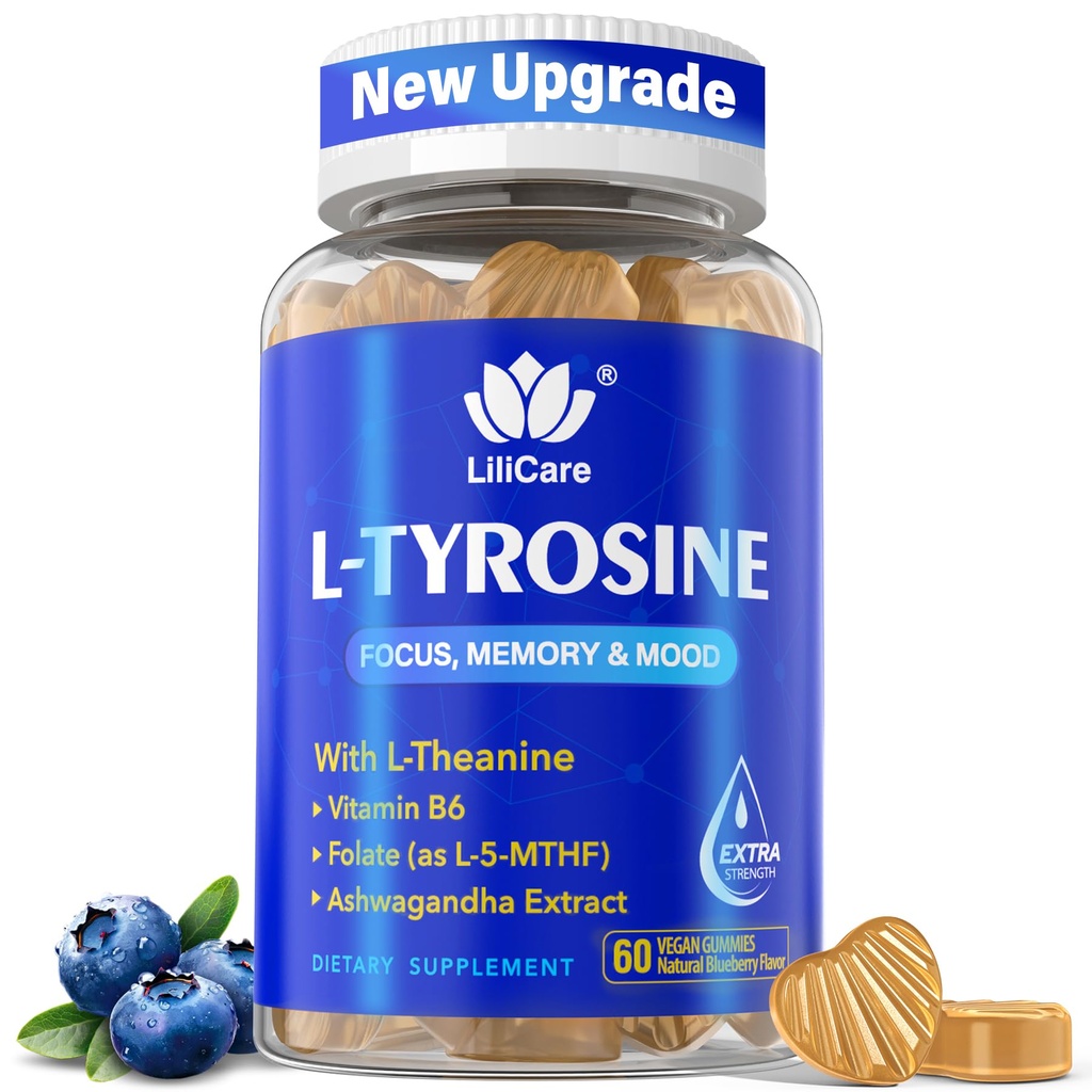 L Tyrosin Focus Supplement Gummie 1100mg für Erwachsene, Brain Ergänzungen für Gedächtnis und Fokus, L-Tyrosine Gummis mit Ashwagandha, I-Theanin für Ruhe & Stimmung - Vitamin B6 & B9 für Energie-Vegan, 60ct