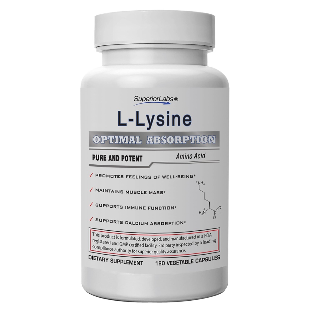 Superior Labs L-Lysine 500 mg Kapseln, Pure Non-GMO, Third-Party Tested, Keine Füllstoffe, Glutenfrei, Unterstützt Immunsystem, fördert Calcium Absorption, 120 Caps