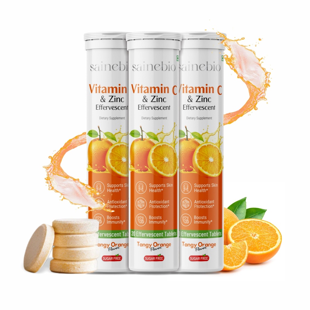 Vitamine C 1000mg & Zinc 10 mg Comprimés effervescents – Supplément de soutien immunitaire avec saveur orange Tangy – Protection contre l'immunité, l'énergie et les antioxydants – 60 comprimés effervescents - Pack de 3