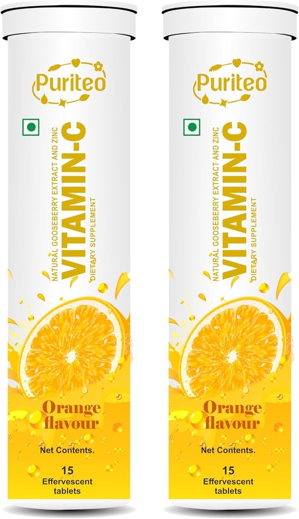 Vitamin C 1000mg Effervescent Tablets - Potent Immune Support VIT C with Zinc Supplement - Sugar-Free, Dissolvable Vitamin C Tablets Orange Flavor - (15 Tablet Each, Pack of 2)