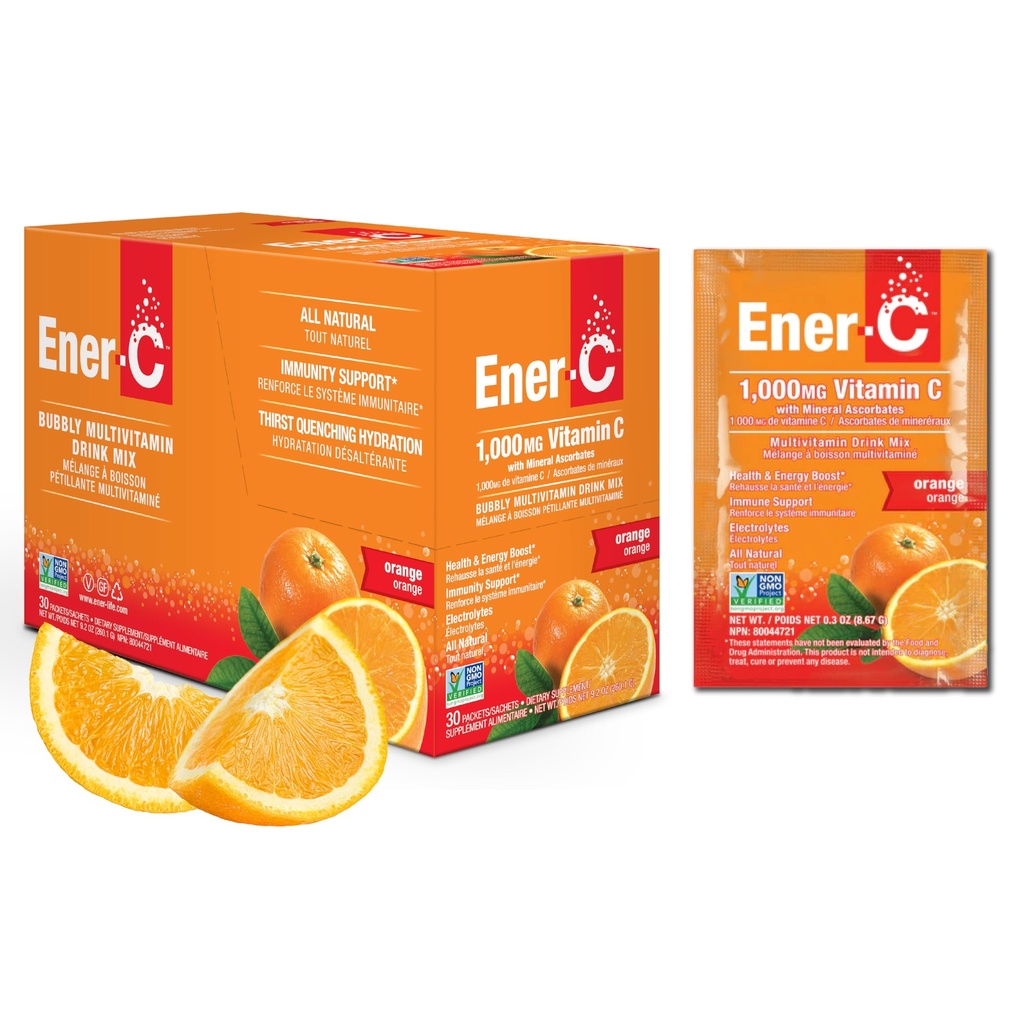 Mélange de boissons multivitamines Ener-C - Paquets de vitamines pour l'eau, Paquets de poudre d'électrolytes, Mélange de boissons vitaminiques, Mélange liquide d'hydratation, Amplificateur pour adultes, Énergie saine - Orange, 30 Compte