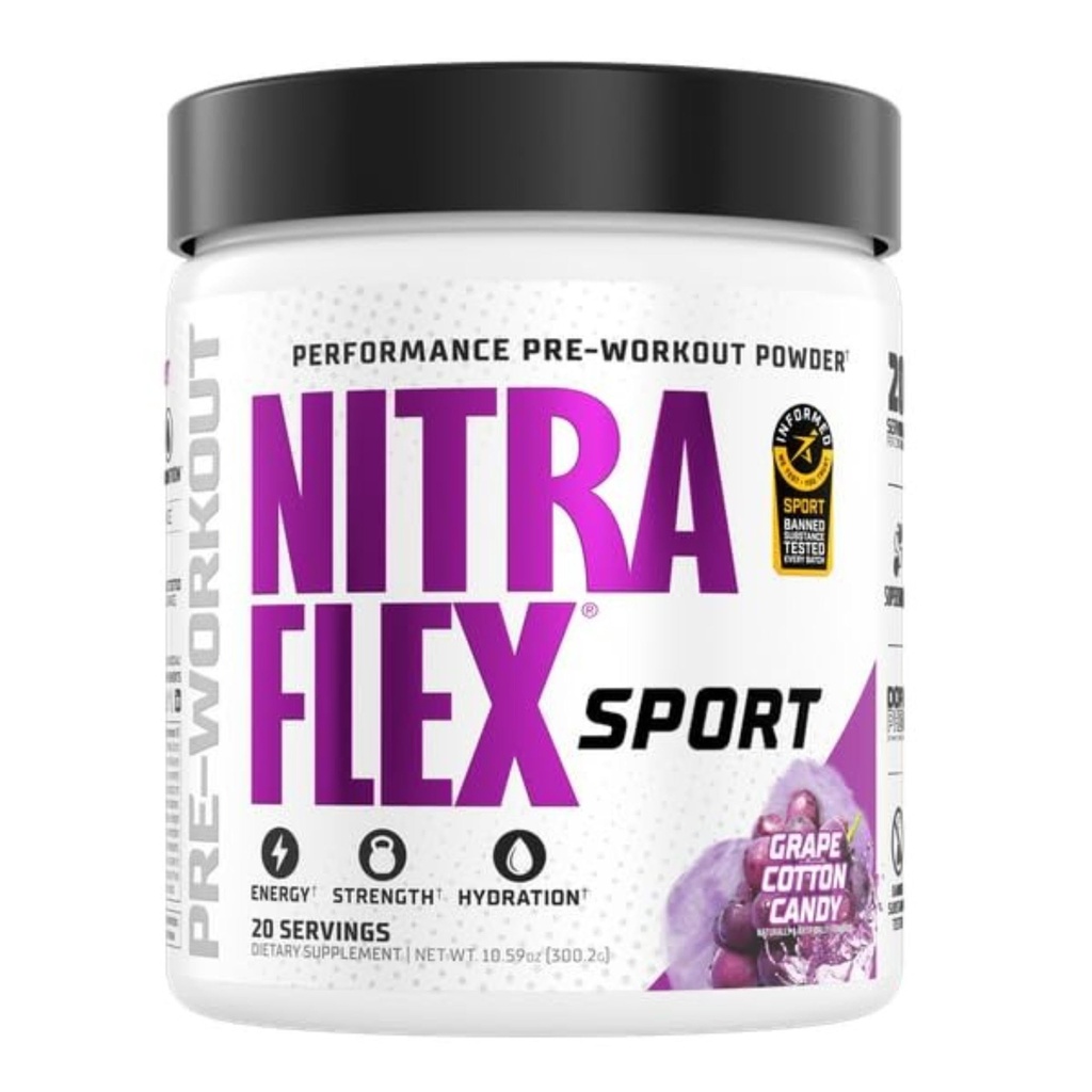Nitraflex Sport Grape Cotton Candy Pre-Workout Pulver, Verbotene Substanz getestet, Citrulline, Betaine, Elektrolyte, Hydration, Boron, für Männer & Frauen, 20 Servierungen