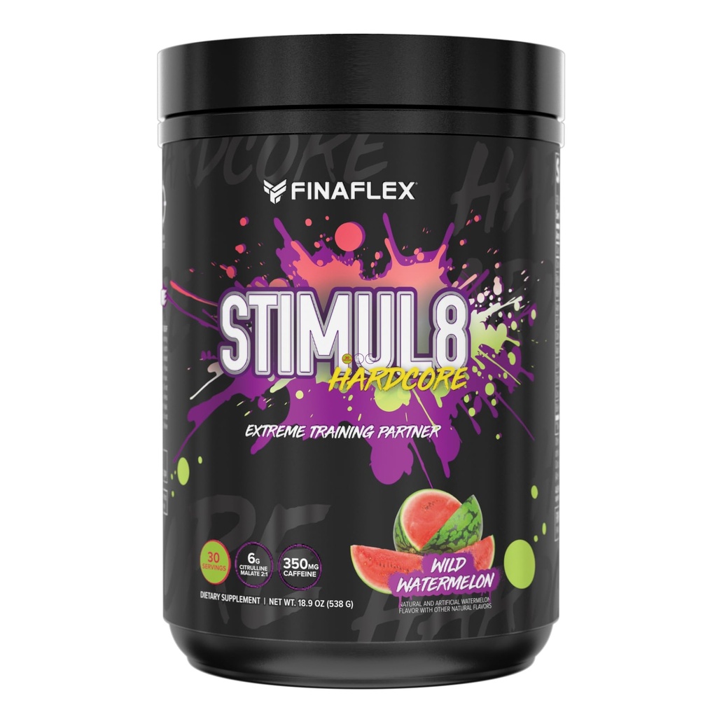 FINAFLEX STIMUL8 Hardcore, Wild Watermelon - Extreme Energie, Kraft und Ausdauer für Herren & Frauen - Mit Koffein & L-Citrulline - 30 Servietten