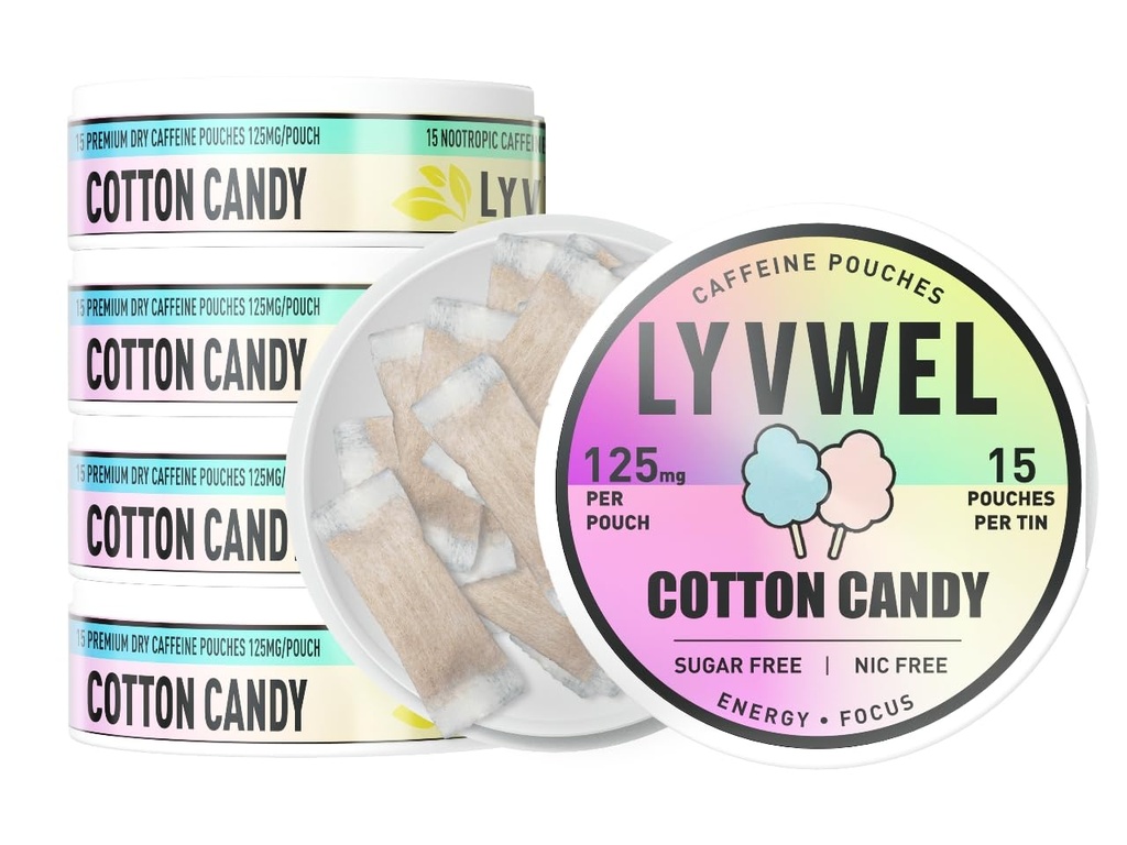 LyvWel 125mg Caffeine Energy Pouches – Saubere Energie mit Guarana für Focus & Stamina – 5-Pack (75 Total Pouches) (5 Pack, Baumwolle Candy)