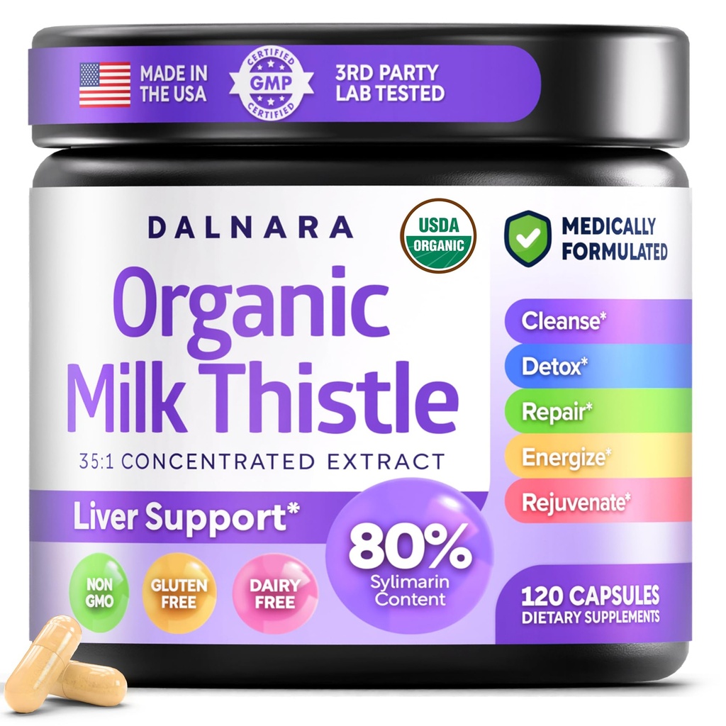 Capsules de chardon de lait 120 compte, formule de soutien du foie à base de plantes premium, non-OGM et tiers testés, supporte la désintoxication naturelle, nettoyage et réparation