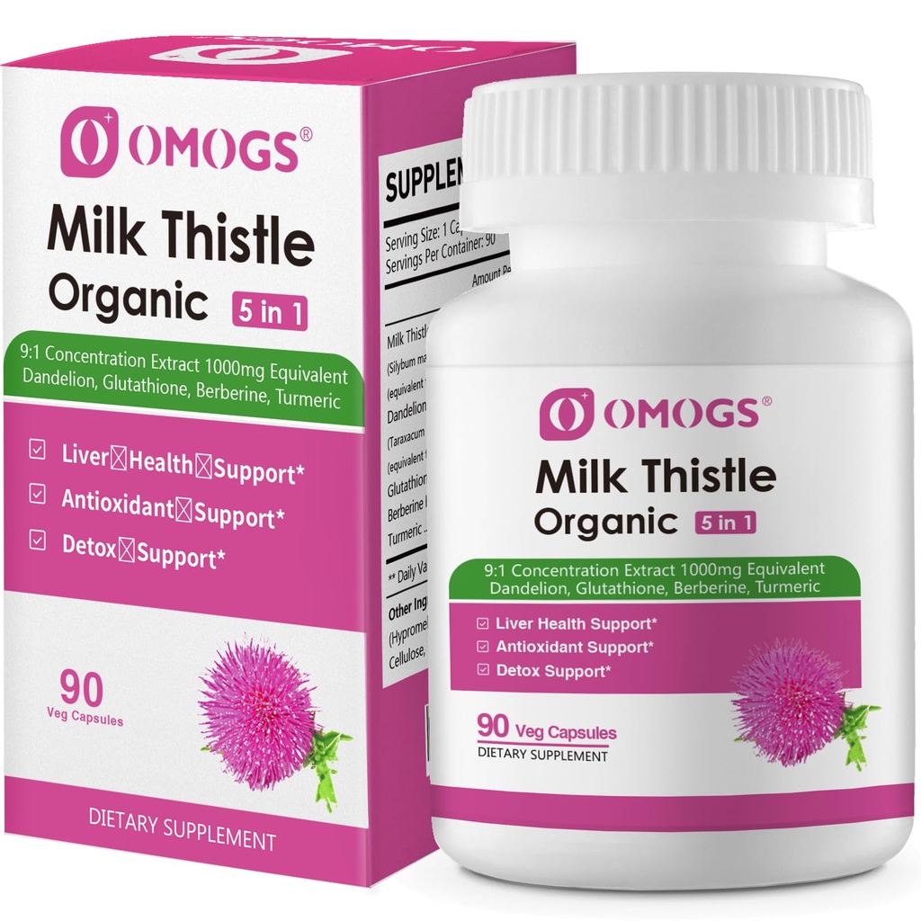 OMOGS Bio Milchdistel, pflanzliche Leber Unterstützung Milchdistel Supplement, mit Dandelion Root, Glutathione, Berberine HCL &Turmeric, Support Liver Cleanse Detox & Repair, 90 Kapseln