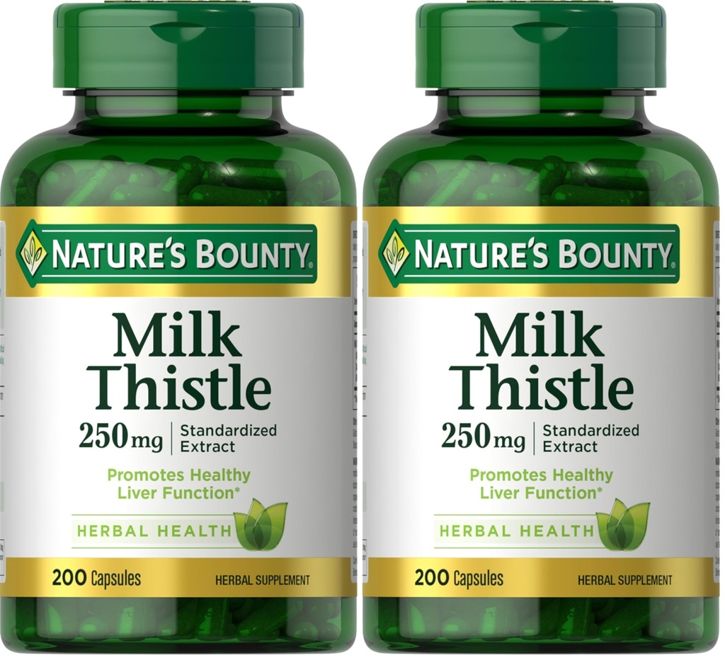 Nature's Bounty Milk Thistle Capsules, traditionell für Lebergesundheit, Kräuterergänzung, 250 mg pro Servierung, 200 Count (Pack von 2)
