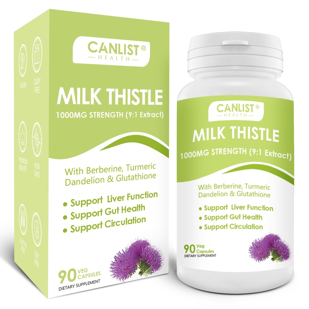 CANLIST Milchdistel Kapseln 1000mg, Potent 9:1 Extrakt, Lebergesundheitsunterstützung, Detox & Cleanse, Antioxidans & Gut Health, Non-GMO, Glutenfrei, 90 Kapseln
