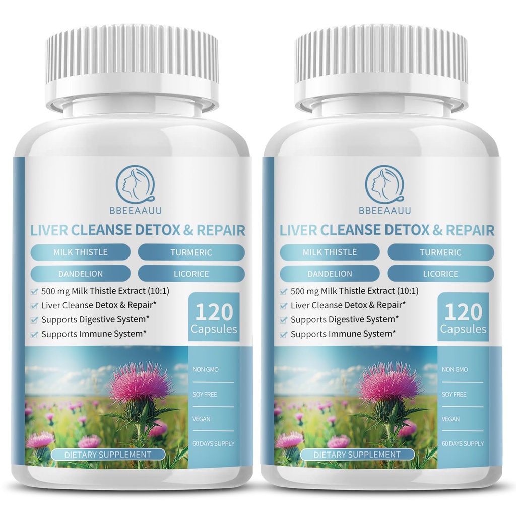 (2 Pack) Milchdistel Ergänzung Kapseln, Lebergesundheit Formel, mit Dandelion Wurzel, 10:1 Extrakt, für Leber Detox Cleanse Unterstützung, Verdauungs-und Immunsystem,240 Zähler