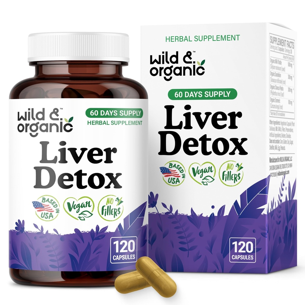 Capsules de désintoxication du foie sauvage et biologique - Thistle de lait, racine de dandelion, soutien de nettoyage du foie curcuma - supplément de chardon de lait silymarin - 120 capsules de végétalien - 2 mois d'approvisionnement - non-OGM