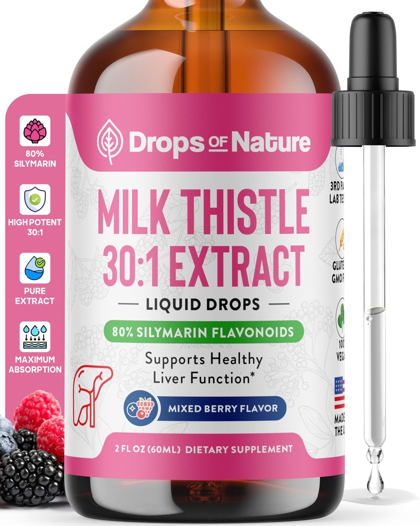 Lait Thistle Drops with 80% Silymarin Flavonoïdes – Vegan, Non-OGM, Absorbation rapide – Facilement mélanger avec des boissons – Supplément de chardon pour le foie, soins immunitaires et antioxydants (Berry mixte, 60 mL)