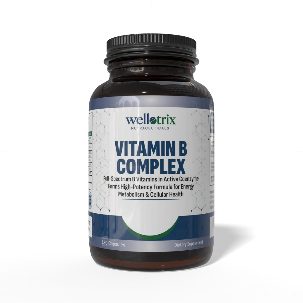 Wellotrix Advanced B-Complex – Full Spectrum von 8 essentiellen B Vitaminen (B1, B2, B3, B5, B6, B7, B9, B12) in aktiven Coenzymformen – unterstützt Energiemetabolismus und Zellgesundheit – 120 Kapseln
