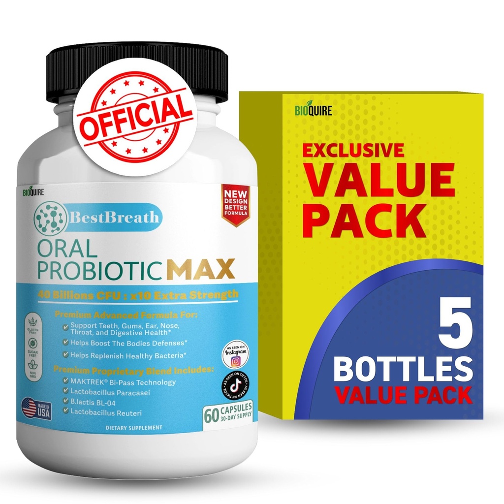 BestBreath Oral Probiotic MAX - 40 Billion CFU - Unterstützung für Zähne, Gums, Ohr, Nase, Throat & Digestive Health - 60 Kapseln (5)