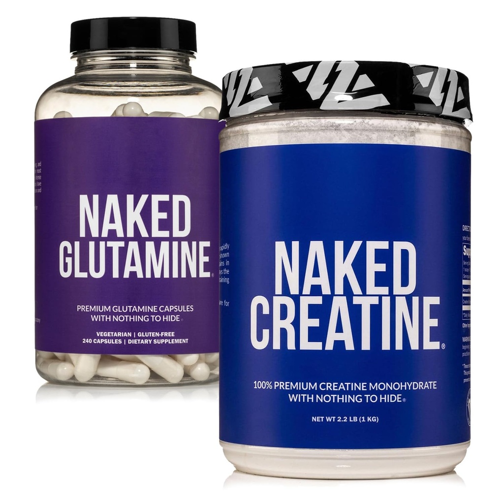 NAKED Pure Micronized Creatine Monohydrate 200 portions + Pure L-Glutamine 240 capsules Bundle: Vegan, Non-GMO, Sans gluten. Minimiser la ventilation musculaire et améliorer la synthèse protéique. Rien d'artificiel