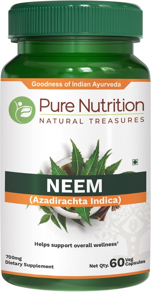 Pure Nutrition Neem Kapseln 700mg. (Äquivalent zu 2600mg Neem Blatt Pulver und Bark Pulver) Nicht GMO | Einmal täglich | 60 Tage Versorgung.