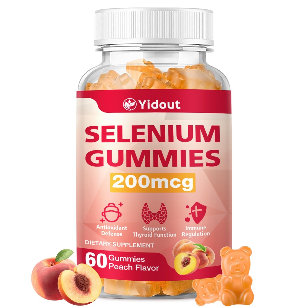 Selen-Ergänzung für Schilddrüsen-Unterstützung Gummis 200mcg als Energie-Booster für Frauen und Männer, Pfirsich Geschmack (60 Count(Pack von 1))