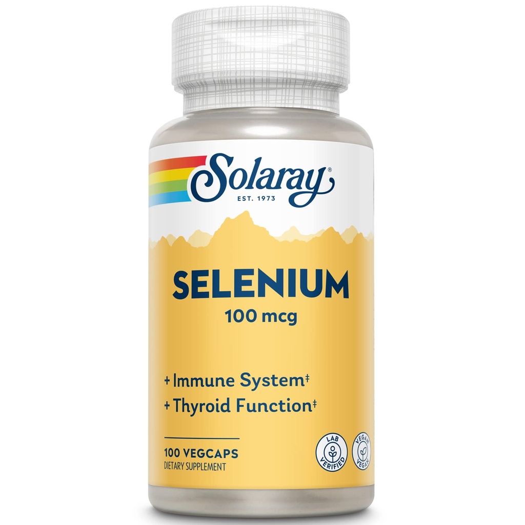 Solaray Selenium 100 mcg, Système immunitaire sain, Fonction thyroïdienne et support antioxydant, Vegan, Verifié en laboratoire, 60 jours garantis, 100 portions, 100 VegCaps