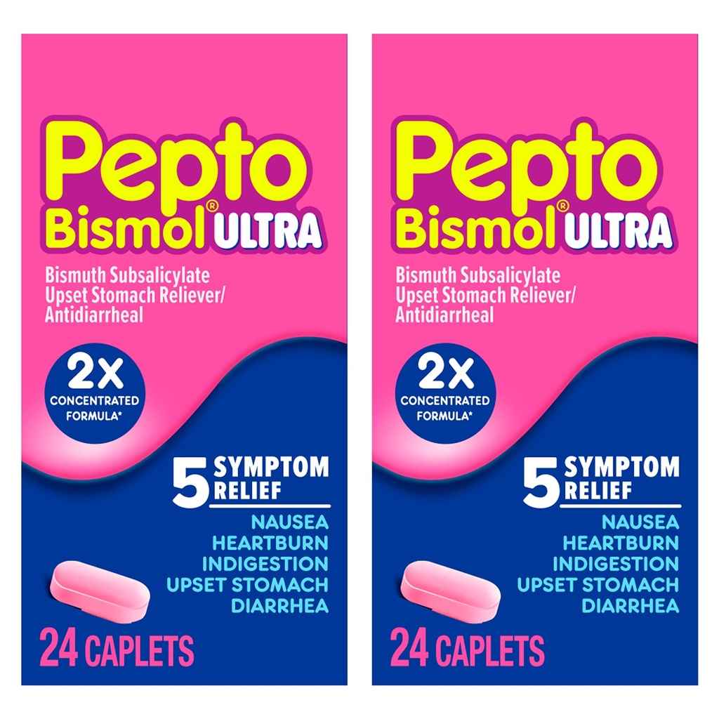 Pepto Bismol ULTRA Caplets, Upset Magen Relief, Übelkeit Relief, Sodbrennen Relief, Verdauungsstörungen Relief, Anti-Durchfall-Medikament für Erwachsene - 5 Symptom Relief, 48 ct (2x24 ct)