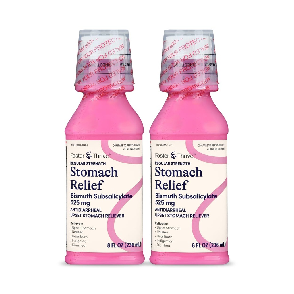 Foster & Thrive Magen Relief Flüssigkeit für Übelkeit, Sodbrennen, Verdauungsstörungen, Magenverstimmung, Durchfall - Schnelle Linderung für 5 Symptome, Antidiarrhoe, Bismut Subsalicylat 525 mg, Original, 8 oz (Paket von 2)