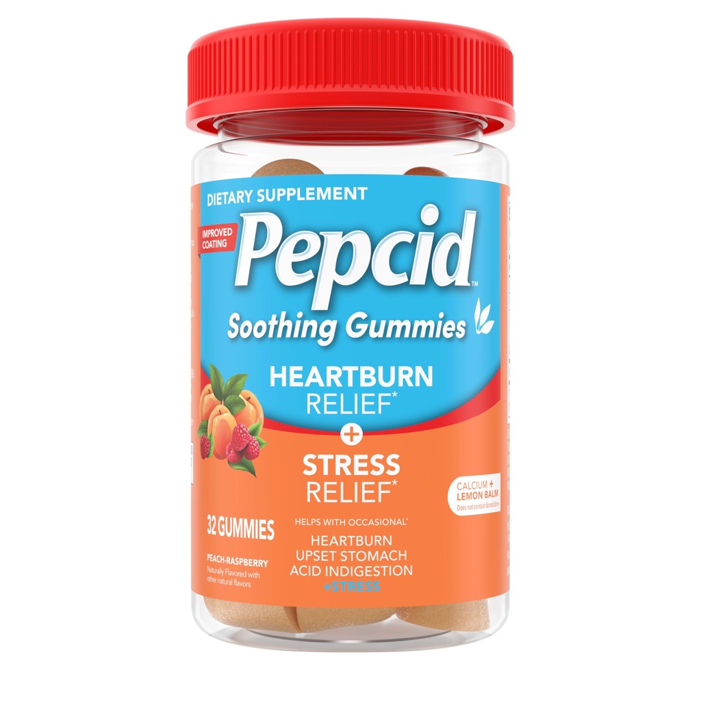 Pepcid Beruhigende Antazida-Gummien, Sodbrennen Relief + Stress Relief für gelegentliche Sodbrennen, Magenverstimmung und saure Verdauungsstörungen, mit Zitronenbalsam-Extrakt, Tricalcium-Phosphat, Pfirsich-Raspberry, 32 ct