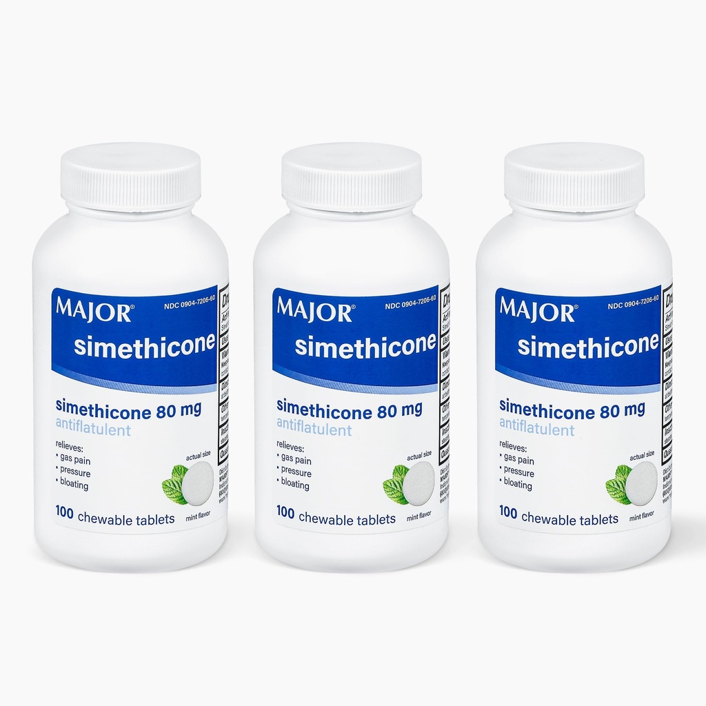 MAJOR Simethicone Gas Relief 80 mg - Anti Flatulence, Bloating and Gas Pressure Aid - 100 Chewable Tablets (3 Pack)