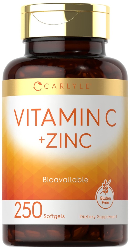 Carlyle Vitamin C mit Zink | 250 Softgels | Bioverfügbar | Ascorbinsäure | Zinkoxid | Nicht-GVO und glutenfreie Ergänzung