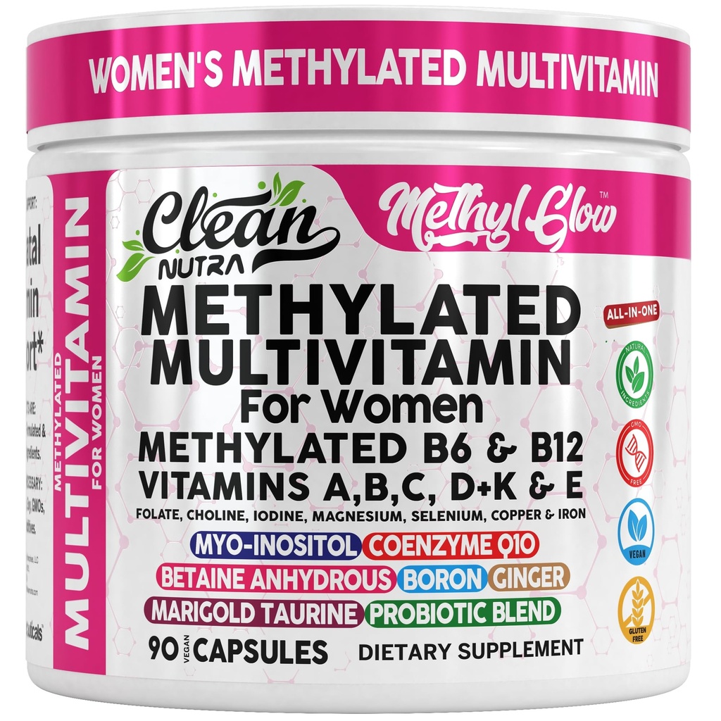 Methyliertes Multivitamin für Frauen Vitamine B6 Methyl B12 A B C D K E Folat Cholin Omega 3 Thiamin Riboflavin Eisenjod Magnesium Zink Selen Kupfer Kupfer Calcium 90 Kapseln von Clean Nutra