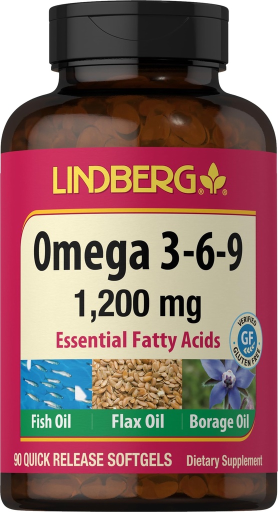 Lindberg Omega 3 6 9 Suppléments $ 1200mg $ 90 Softgels $ Acides gras essentiels $ avec du poisson, du lin et de l'huile de fourrage $ Non-OGM, sans gluten