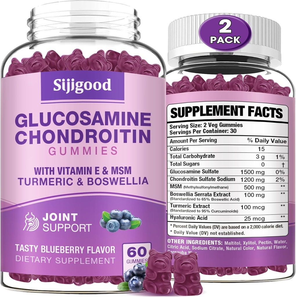 2 Pack Glucosamin Chondroitin Gummi, extra Stärke Glucosamin Chondroitin MSM mit Elderberry & Turmeric, Joint Health, Flexibilität, Antioxidans, Immune für Erwachsene-Blueberry Flavored, 120 Gummies