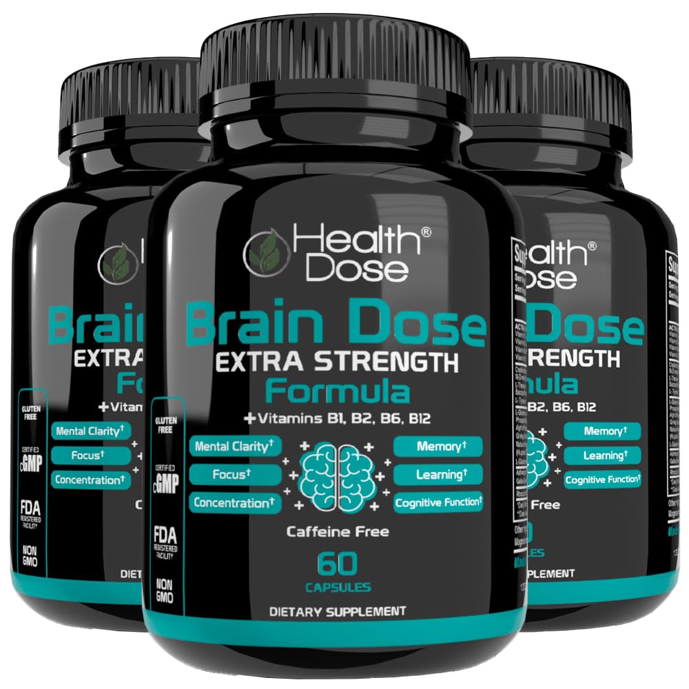Health Dose Brain Dose Premium Nootropics - Koffeinfreie Extra-Stärke-Formel für Männer und Frauen - Unterstützt die Gesundheit des Gehirns, den kognitiven Fokus und die Gedächtnisretention, Pack of 3.